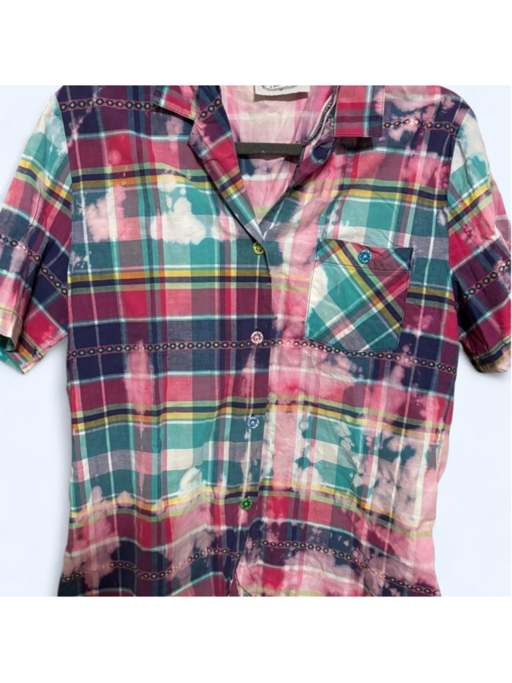 Vintage button up short sleeve shirt with bleach-dye and upcycled buttons